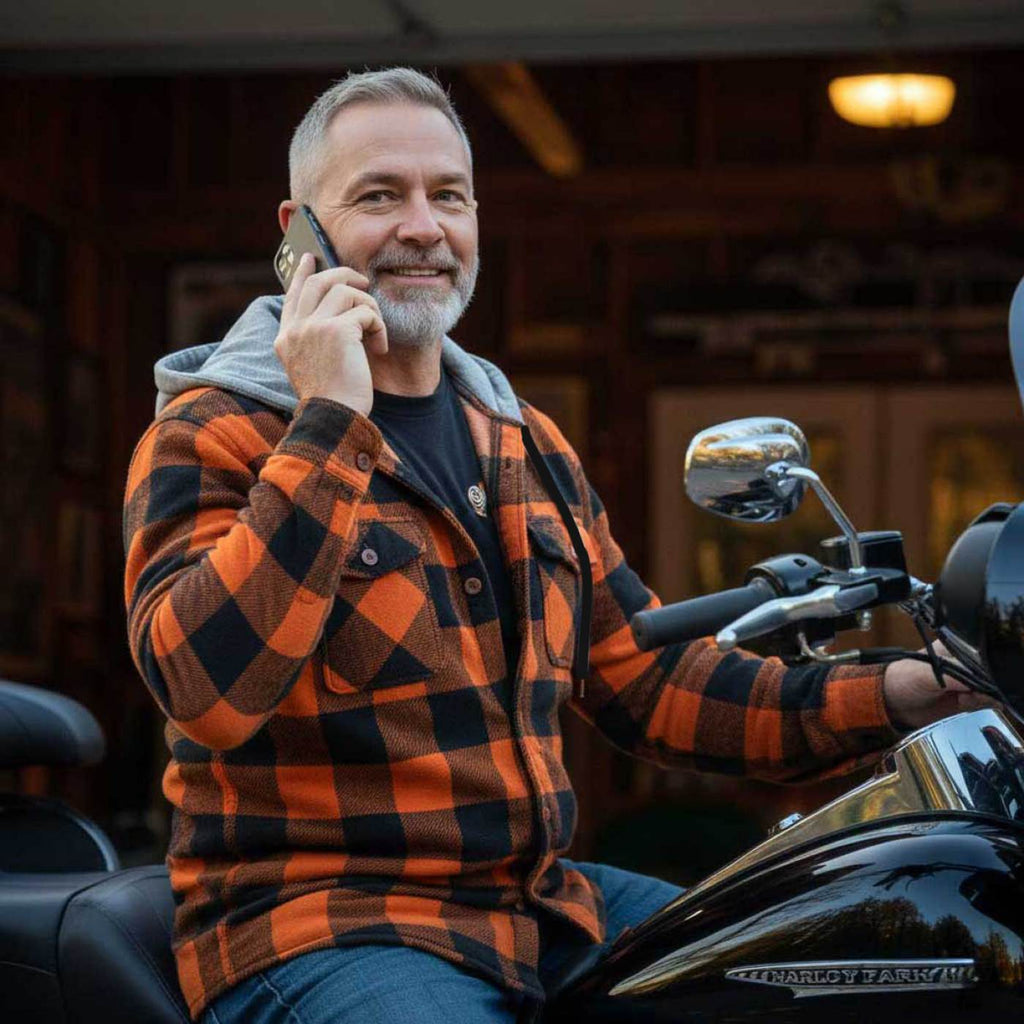 Milwaukee Leather Men’s Titans Orange & Black Plaid Hooded Riding Shirt w/ CE Armor & Aramid Fiber Panels - MPM1642