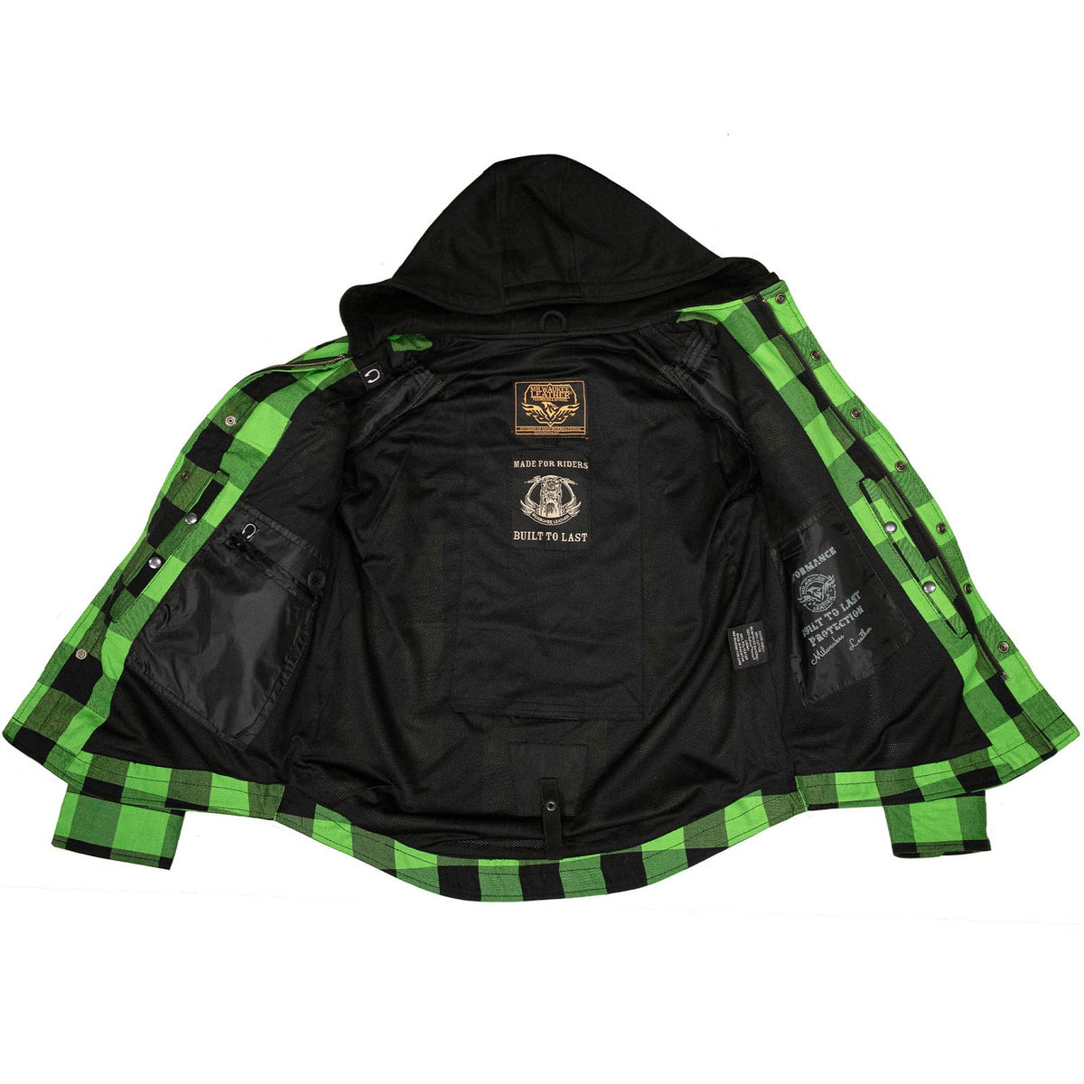 Milwaukee Leather Men’s Titans Green and Black Plaid Hooded Riding Shirt w/ CE Armor & Aramid Fiber Panels - MPM1659