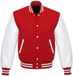 Varsity Letterman Baseball Bomber Retro Vintage Jacket Red Wool White Genuine Leather Sleeves