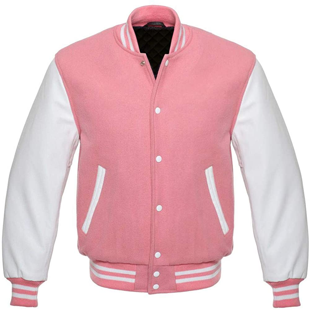 Varsity Letterman Baseball Bomber Retro Vintage Jacket Pink Wool White Genuine Leather Sleeves