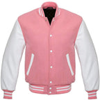 Varsity Letterman Baseball Bomber Retro Vintage Jacket Pink Wool White Genuine Leather Sleeves