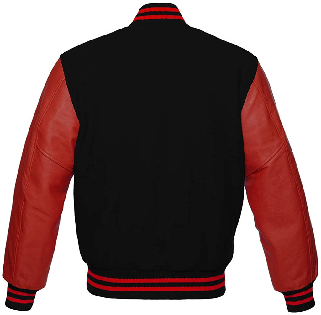Varsity Letterman Baseball Bomber Retro Vintage Jacket Black Wool and Red Genuine Leather Sleeves