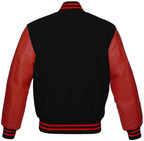Varsity Letterman Baseball Bomber Retro Vintage Jacket Black Wool and Red Genuine Leather Sleeves