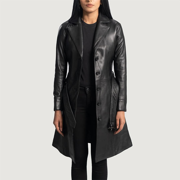 Women Alpine Black Long Leather Coat