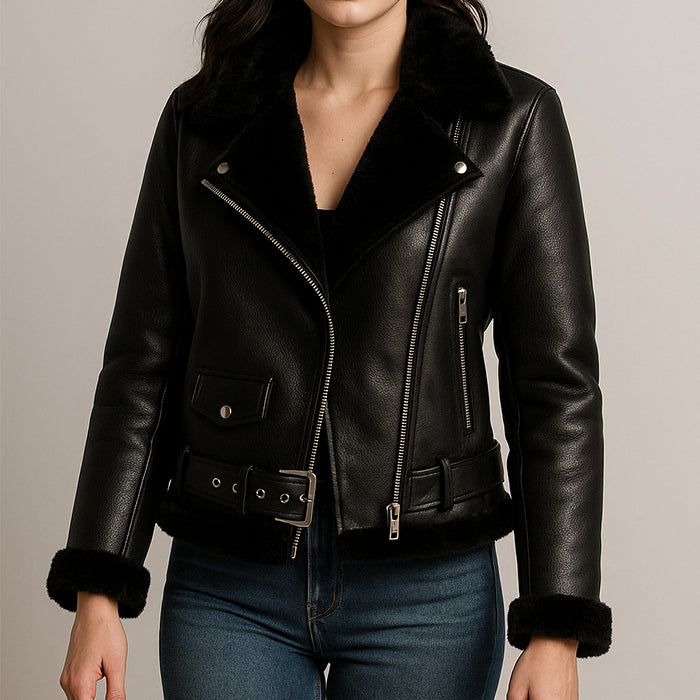 Women's Black Shearling Bomber Leather jacket