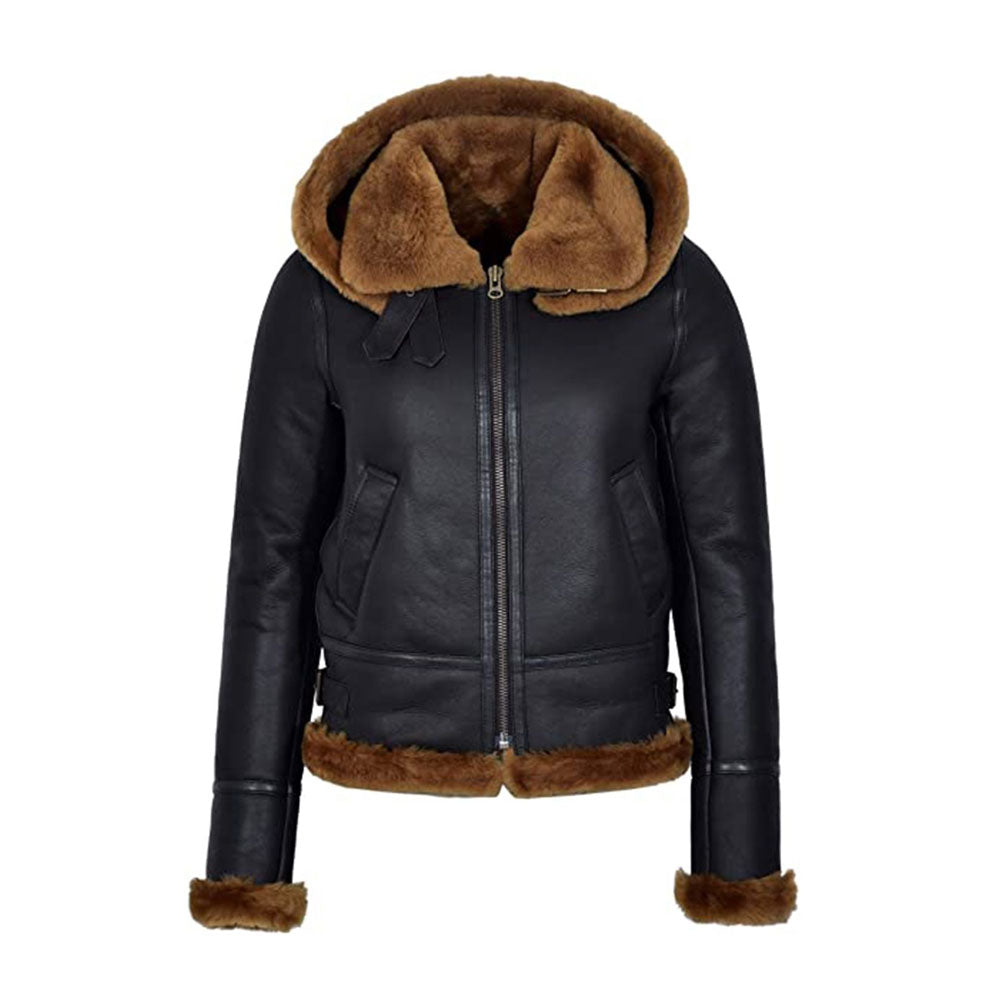 Women's Hooded Black Shearling Leather Jacket