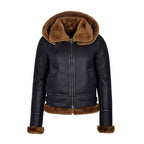 Women's Hooded Black Shearling Leather Jacket