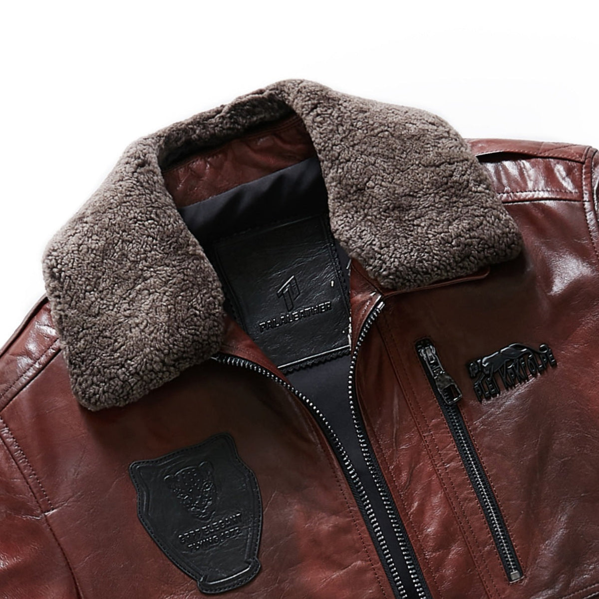 Reddish Brown Patched Goatskin Leather Bomber Jacket