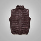 Men's Dark Brown Bubble Leather Down Vest - Premium Quality Insulated Leather Vest Avanzar Leather
