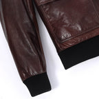 Reddish Brown Patched Goatskin Leather Bomber Jacket