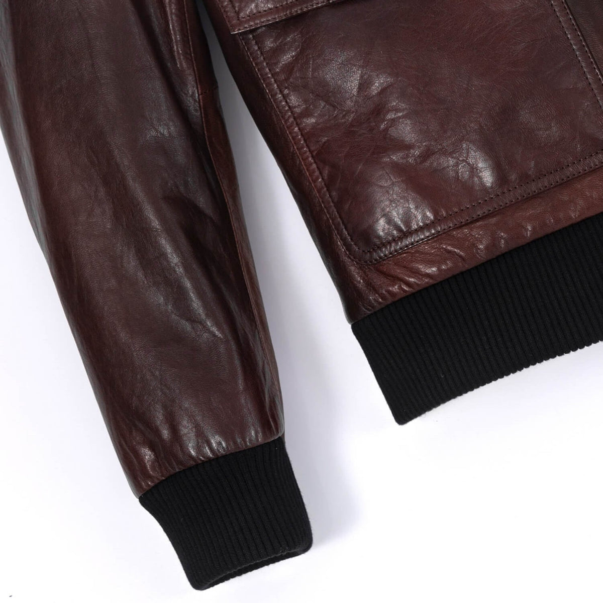 Reddish Brown Patched Goatskin Leather Bomber Jacket