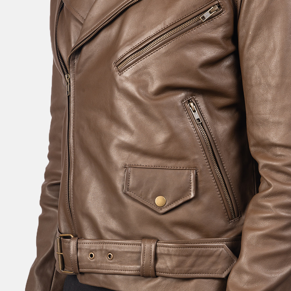 Men Mocha Motorbike Belted Racing Moto Biker Leather Jacket