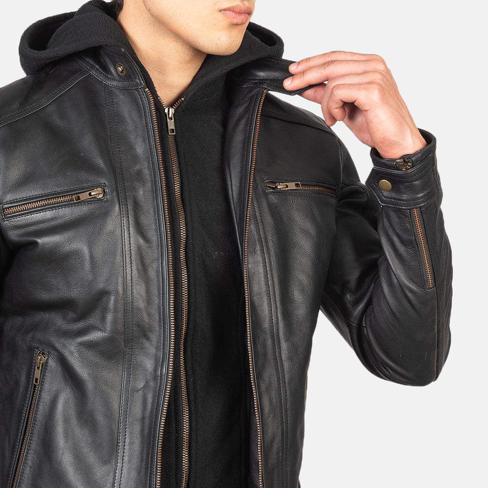 Men Black Hooded Moto Riding Leather Biker Jacket