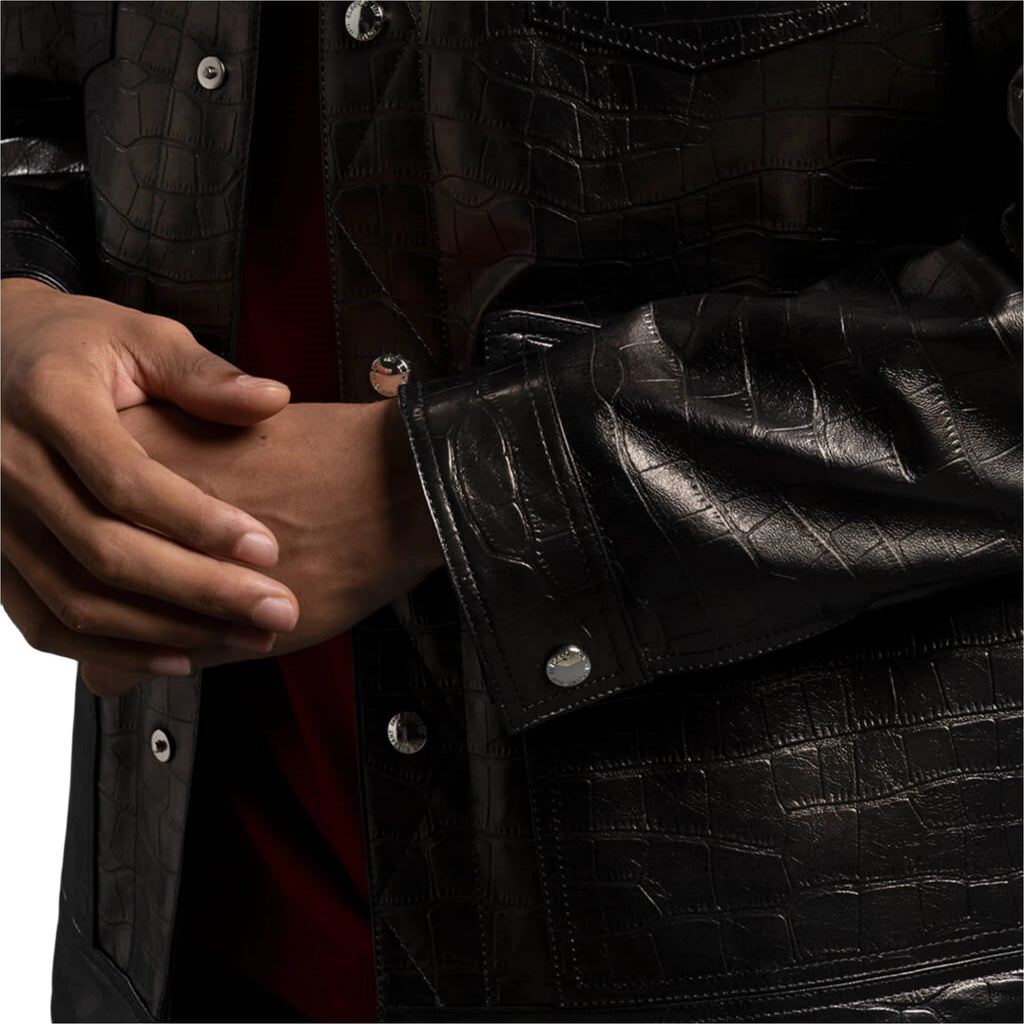 Men's Black Crocodile Alligator Embossed Genuine Leather Trucker Jacket