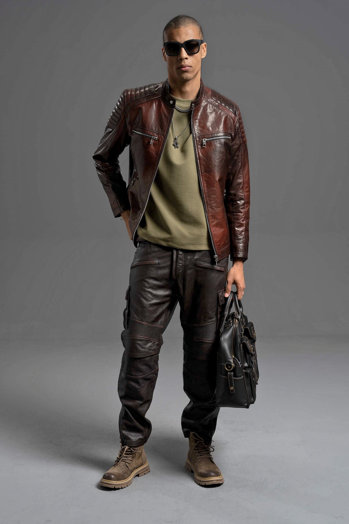 Men's Reddish Brown Goatskin Café Racer Leather Moto Jacket