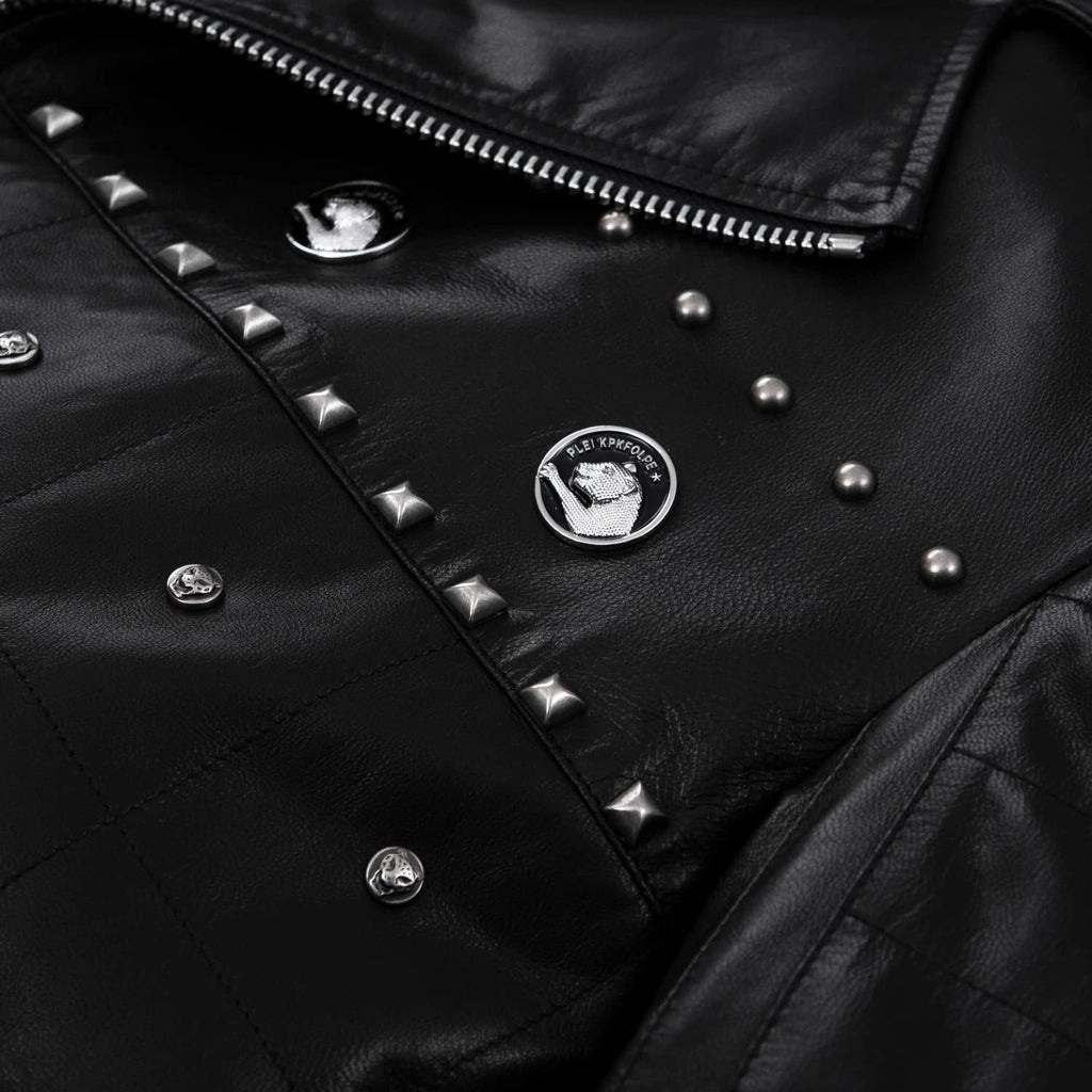 Black Rivet Punk Genuine Leather Moto Biker Jacket