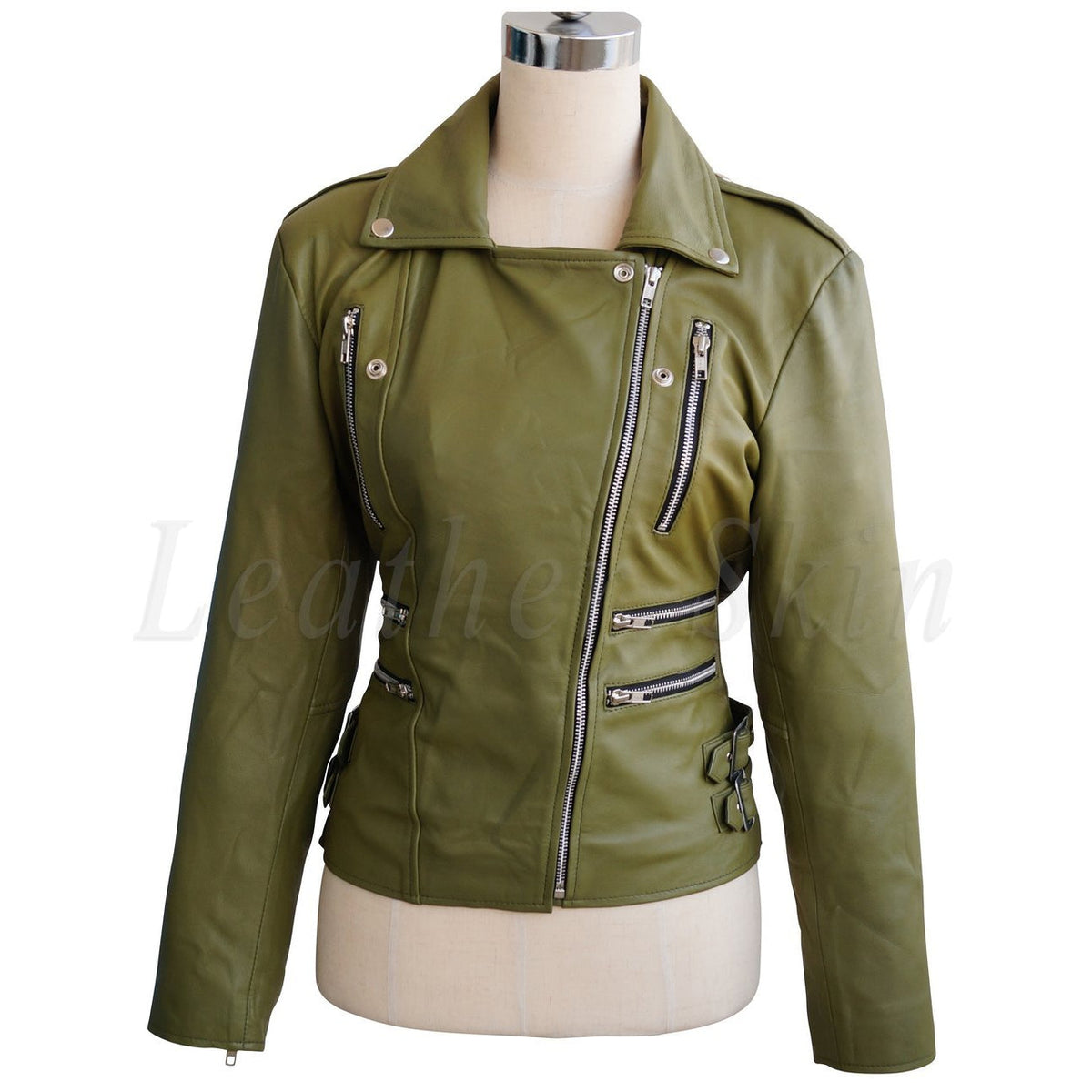 Olive Green Brando Genuine Leather Jacket with Detachable Hood