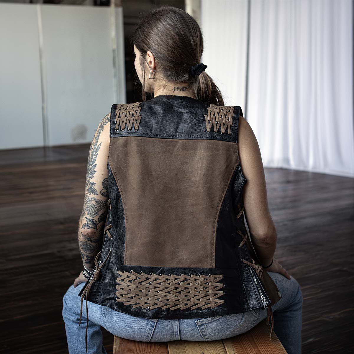 Milwaukee Leather Women's MLL4509 Smoocher Two Tone Crazy Horse Brown and Black Leather Club Style Motorcycle Vest