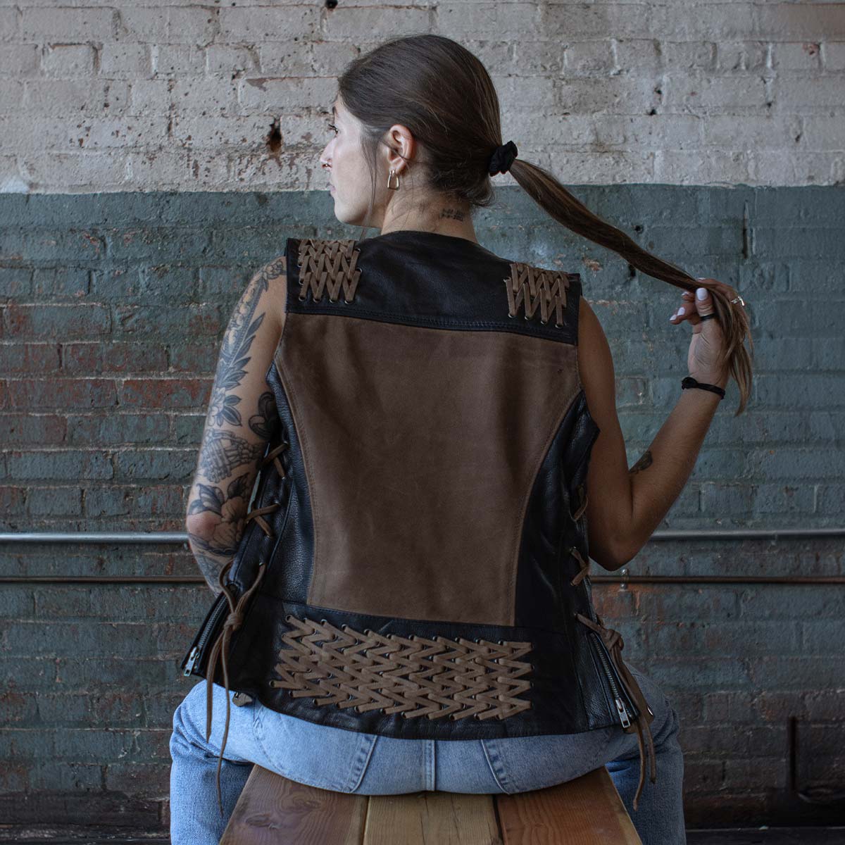 Milwaukee Leather Women's MLL4509 Smoocher Two Tone Crazy Horse Brown and Black Leather Club Style Motorcycle Vest