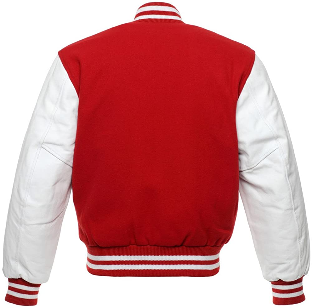 Varsity Letterman Baseball Bomber Retro Vintage Jacket Red Wool White Genuine Leather Sleeves