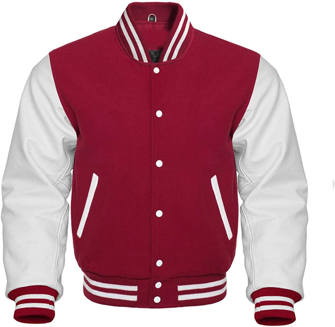 Varsity Letterman Baseball Bomber Retro Vintage Jacket Maroon Wool & White Genuine Leather Sleeves