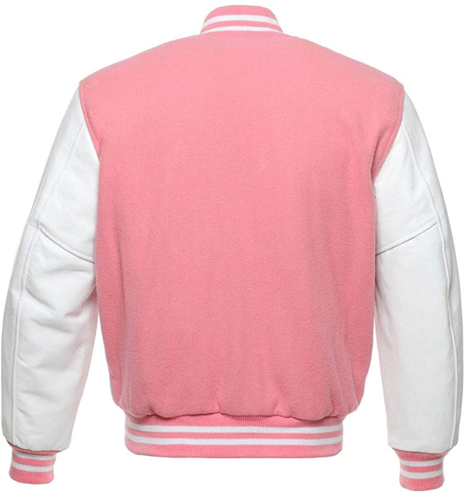 Varsity Letterman Baseball Bomber Retro Vintage Jacket Pink Wool White Genuine Leather Sleeves