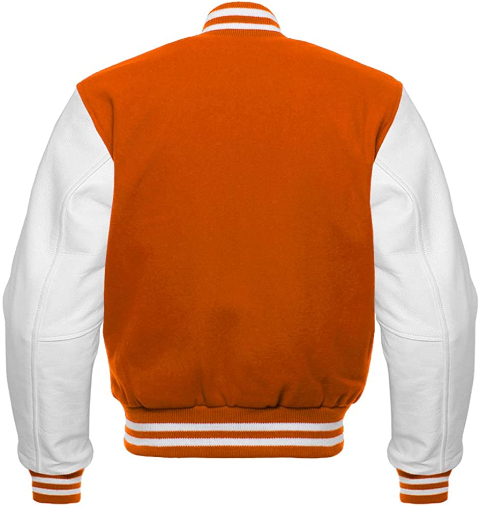 Varsity Letterman Baseball Bomber Retro Vintage Jacket Orange Wool & White Genuine Leather Sleeves