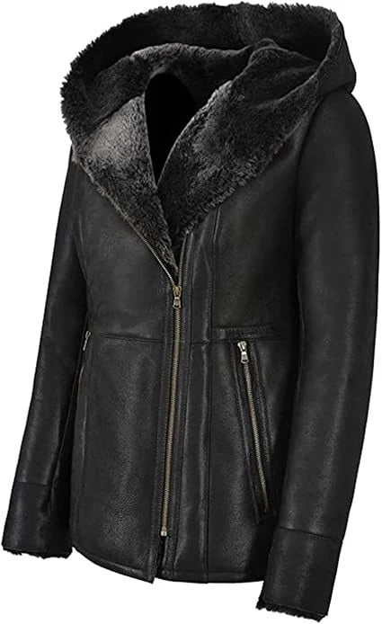 Women's Black Fur Sheepskin Parka Leather Coat