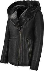 Women's Black Fur Sheepskin Parka Leather Coat
