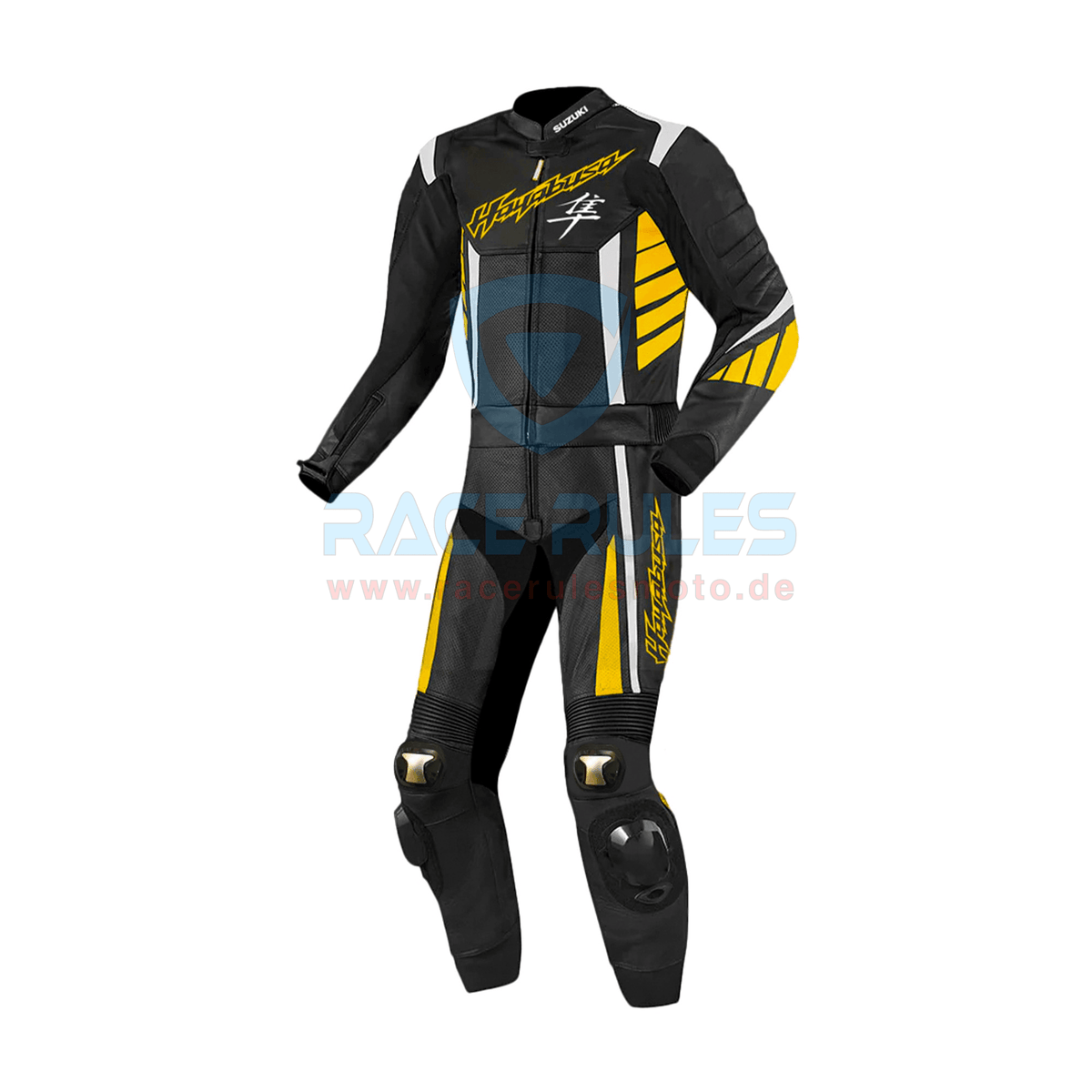 Suzuki Hayabusa Yellow Flouroscent Leather Motorbike Racing Suit for Men & Women