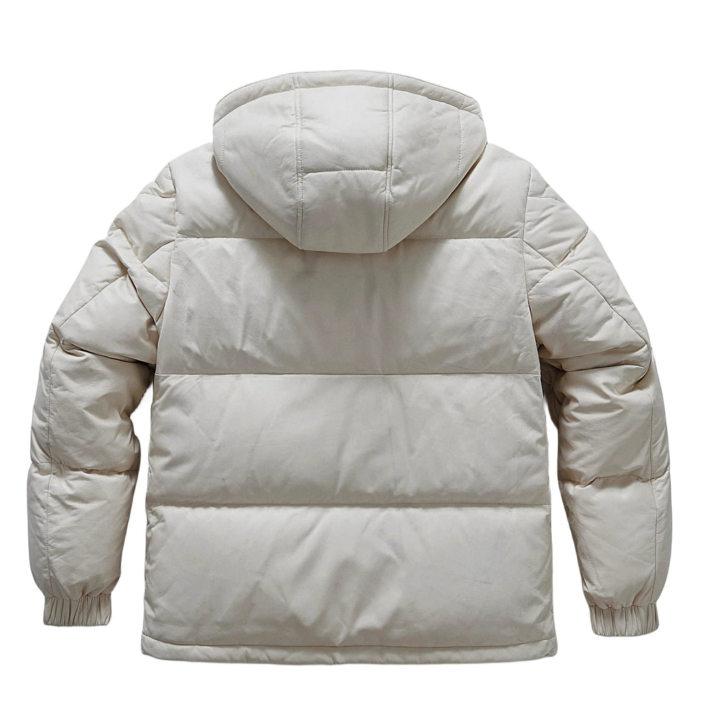 White Goatskin Leather Bomber Hooded Down Jacket