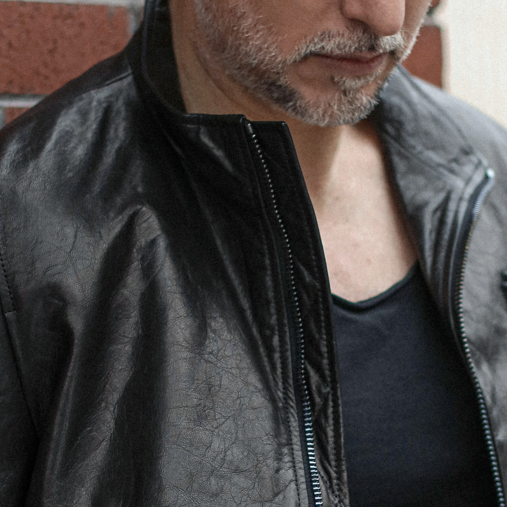 Black Basic Logo Genuine Leather Bomber Jacket