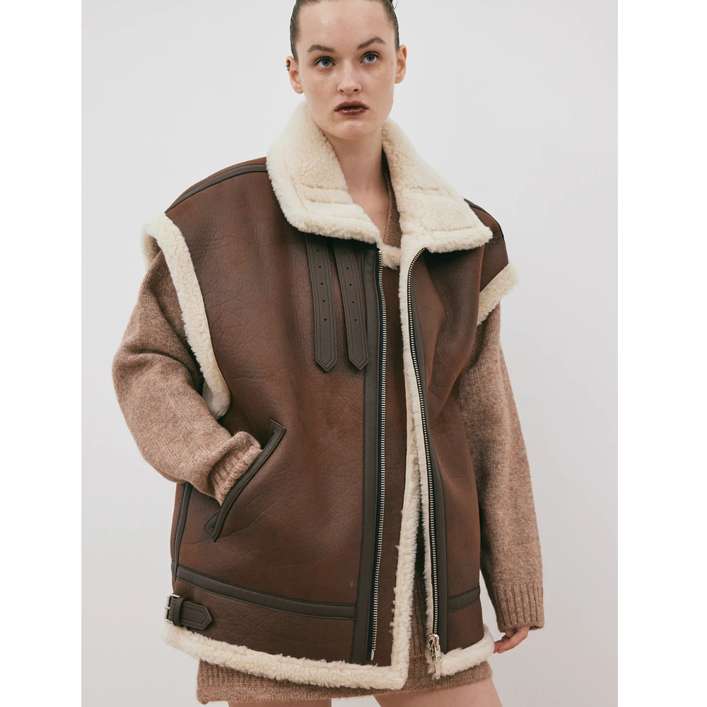 Chocolate Brown Women Aviator Sheepskin Leather Vest
