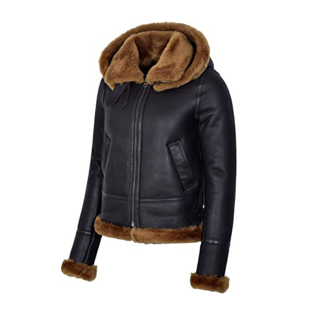 Women's Hooded Black Shearling Leather Jacket