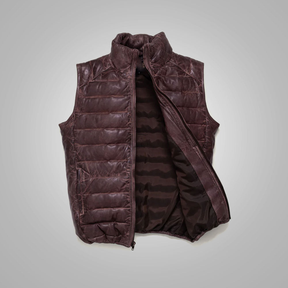 Mens Dark Brown Bubble Waistcoat Leather Bubble Jacket Vest
