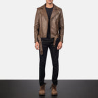 Men Mocha Motorbike Belted Racing Moto Biker Leather Jacket