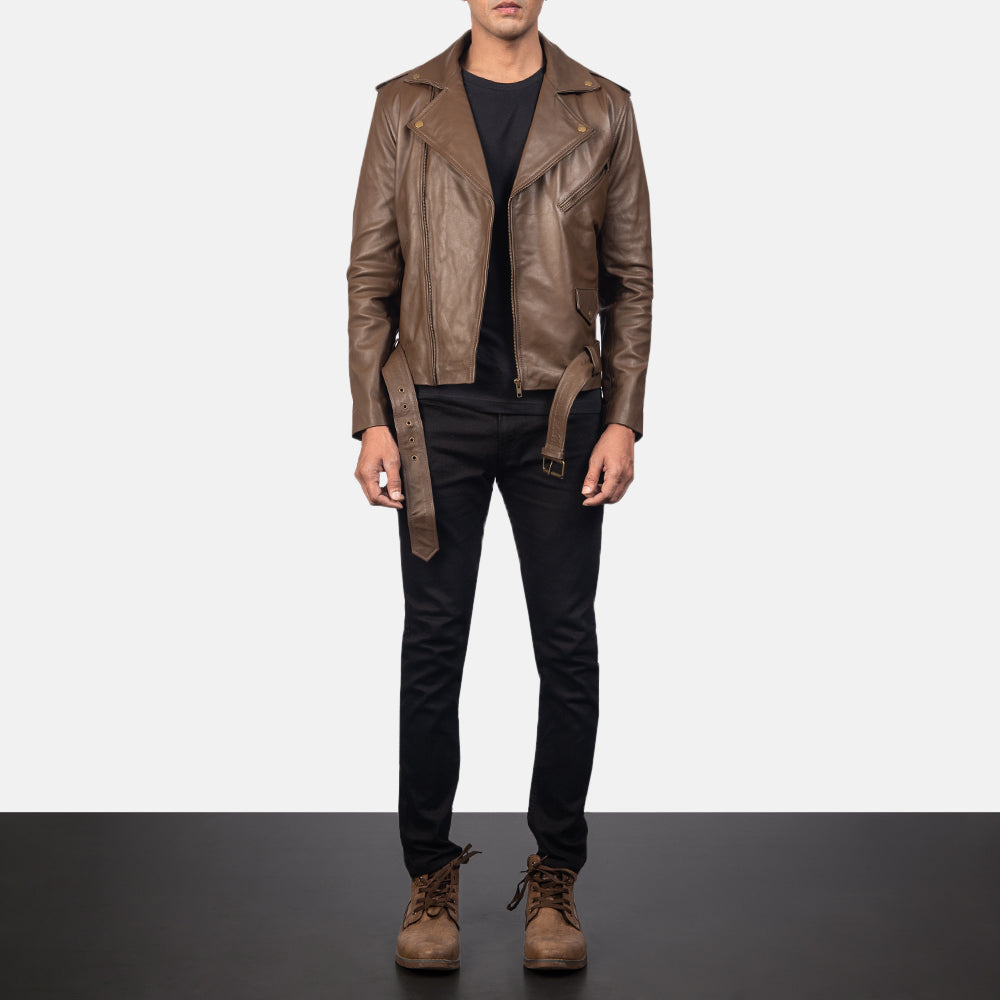 Men Mocha Motorbike Belted Racing Moto Biker Leather Jacket