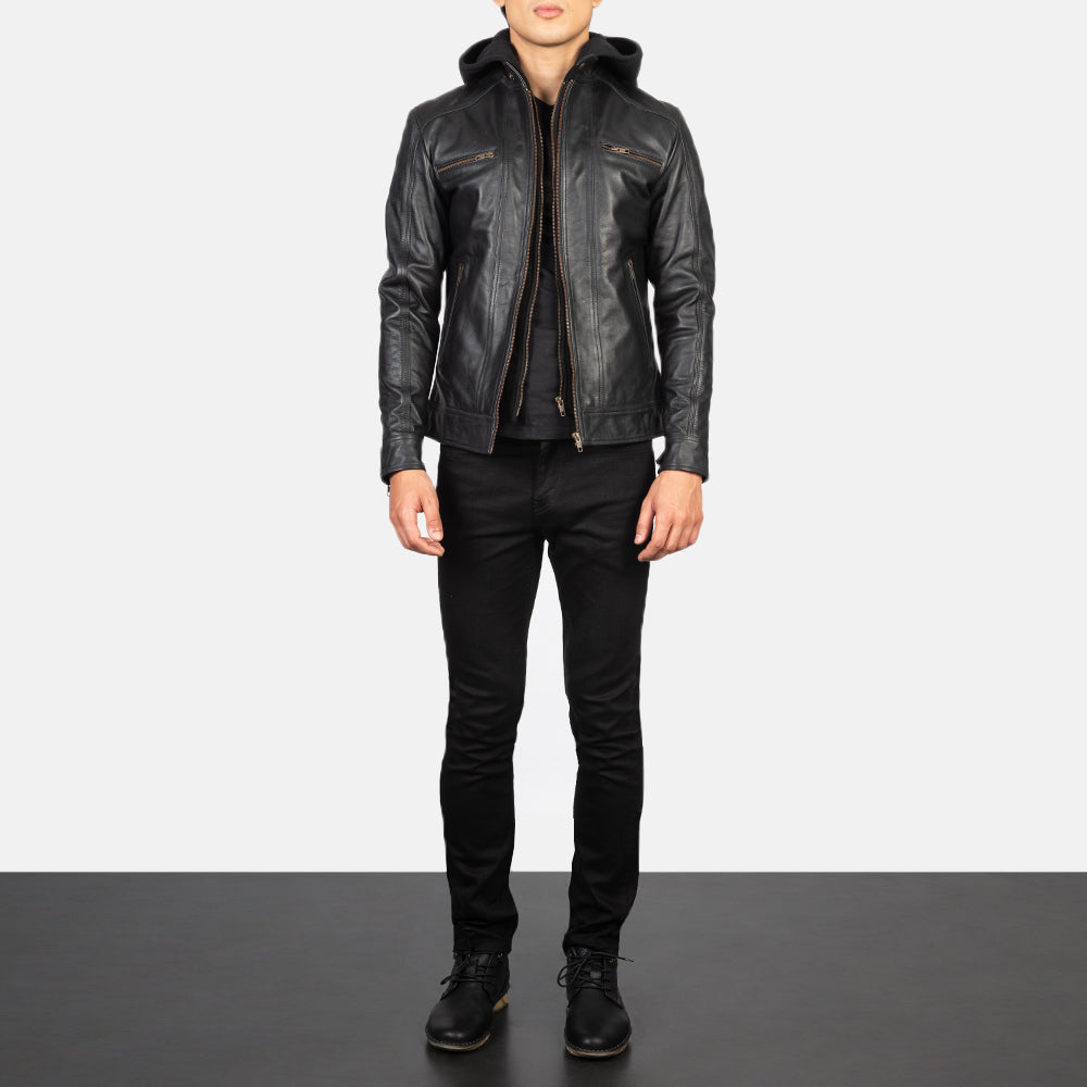 Men Black Hooded Moto Riding Leather Biker Jacket
