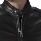 Classic Black Leather Racer Jacket Zip Up Moto Jacket