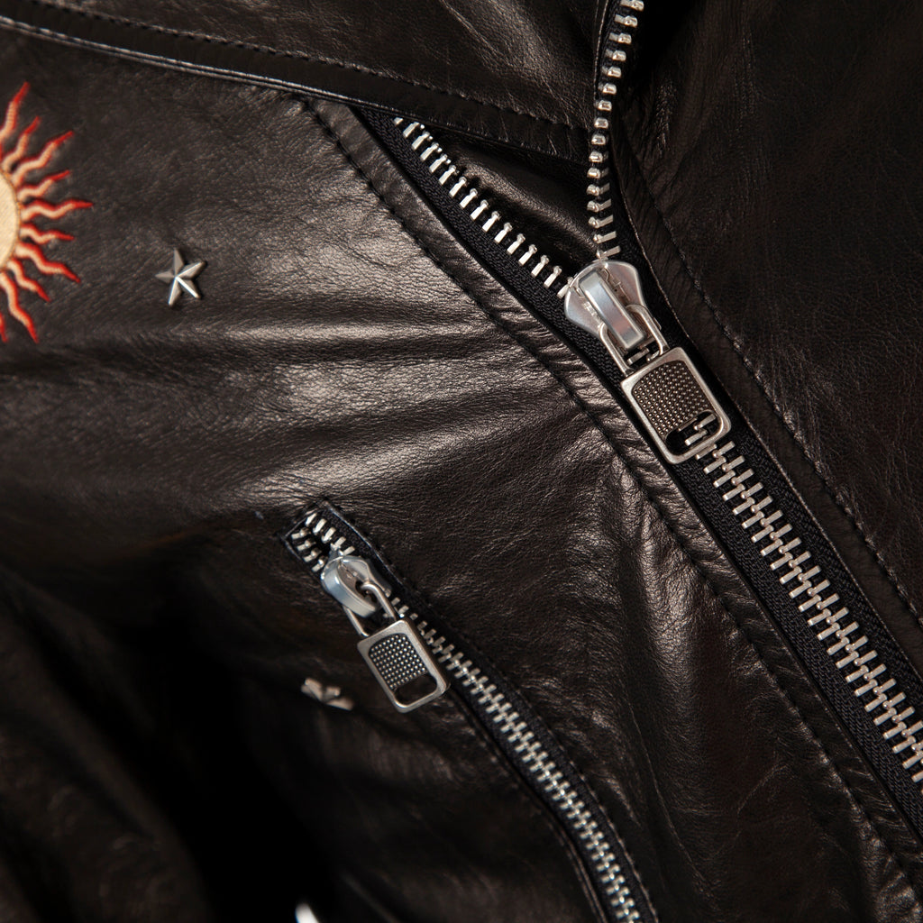 Black Goatskin Moto Biker Jacket with Appliques