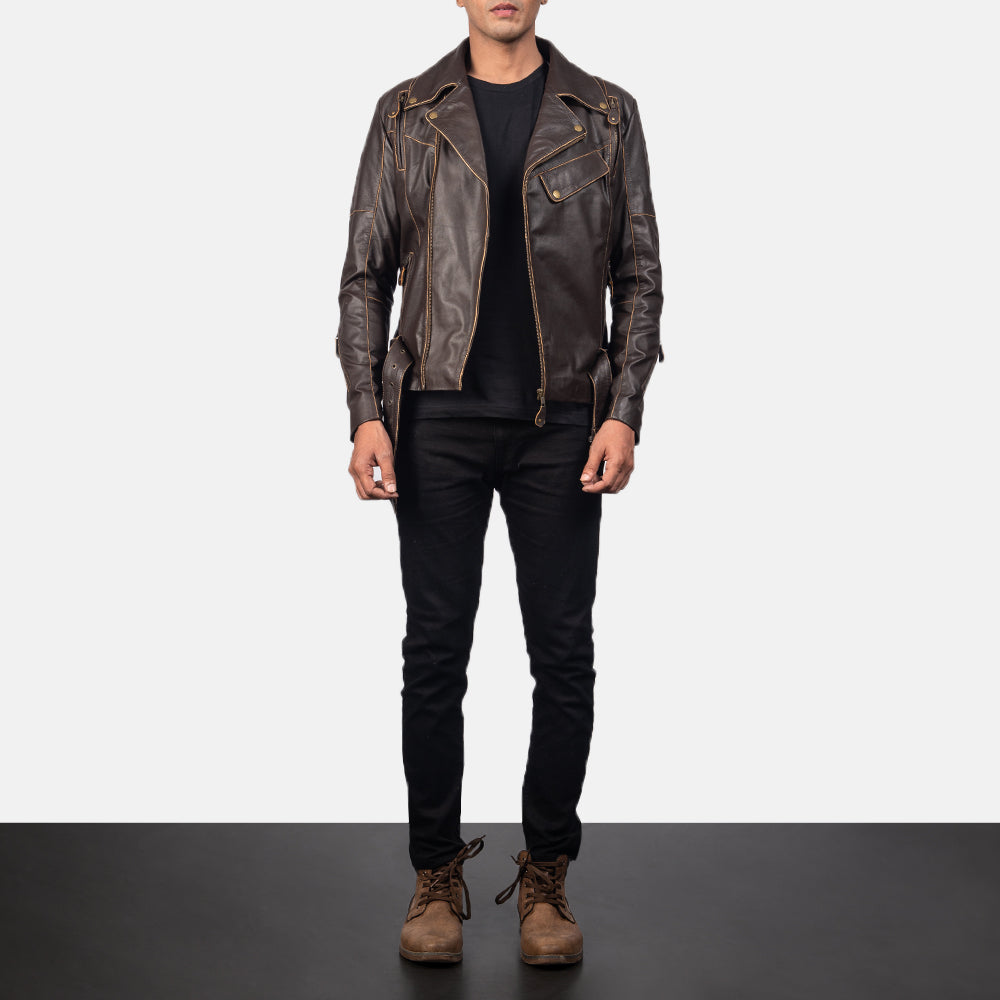 New Vincent Brown Motorbike Racing Moto Men Leather Biker Jacket