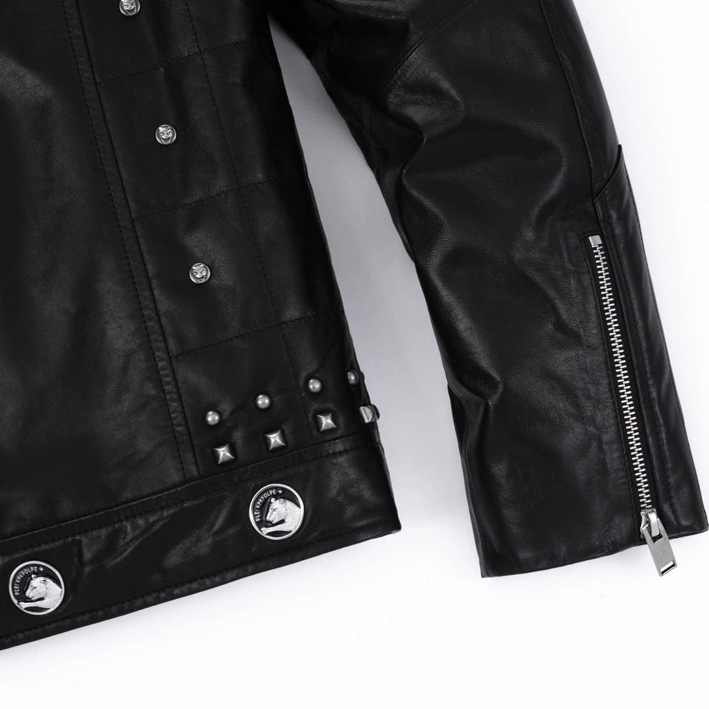 Black Rivet Punk Genuine Leather Moto Biker Jacket