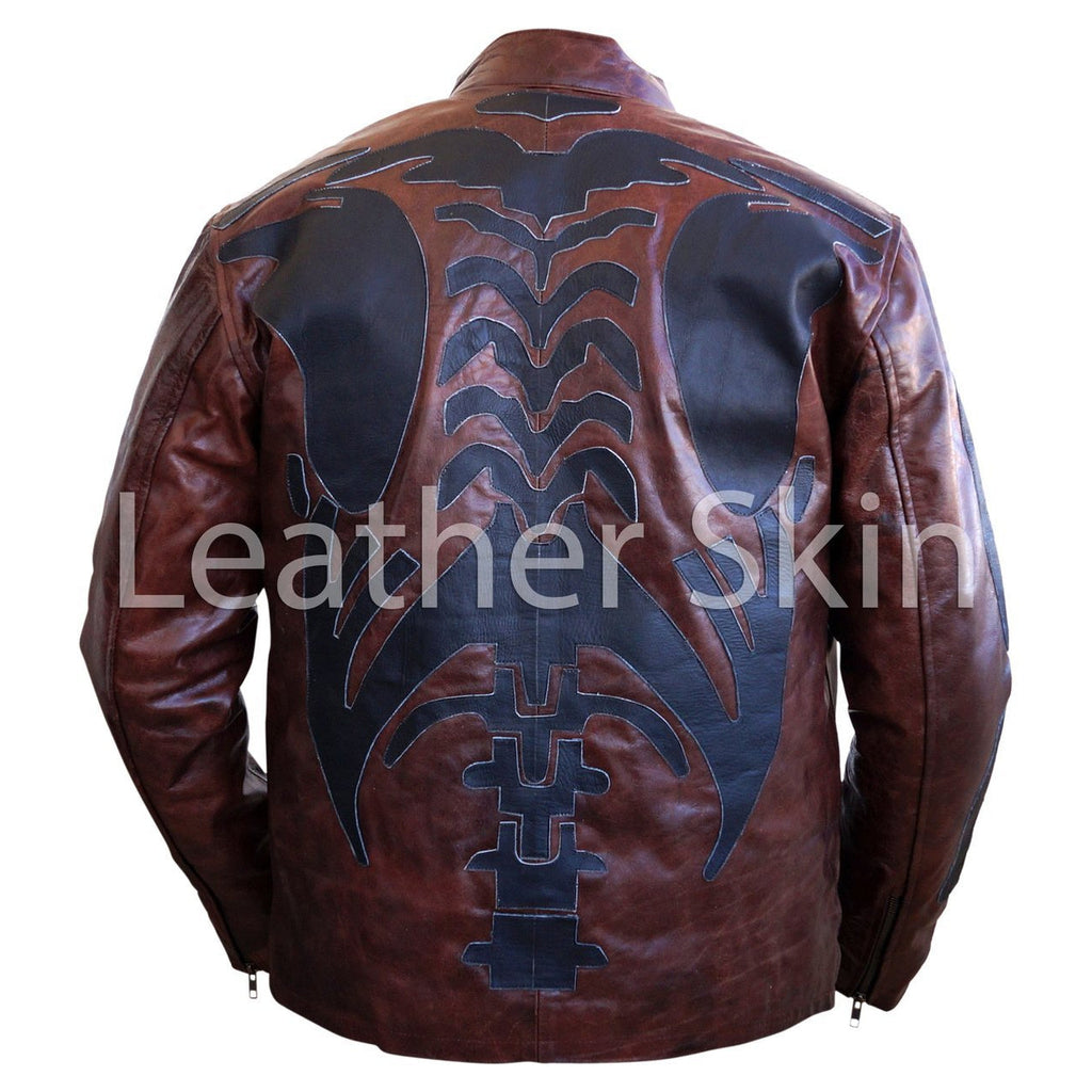 Men Two Tone Distressed Brown Black Skeleton Biker Motorcycle Leather Jacket