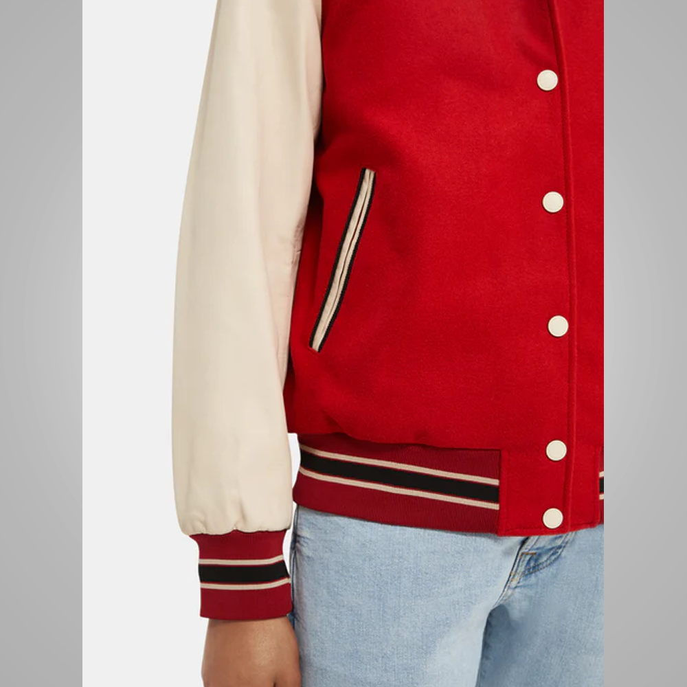 Red Varsity Letterman Jacket with Cream Sleeves