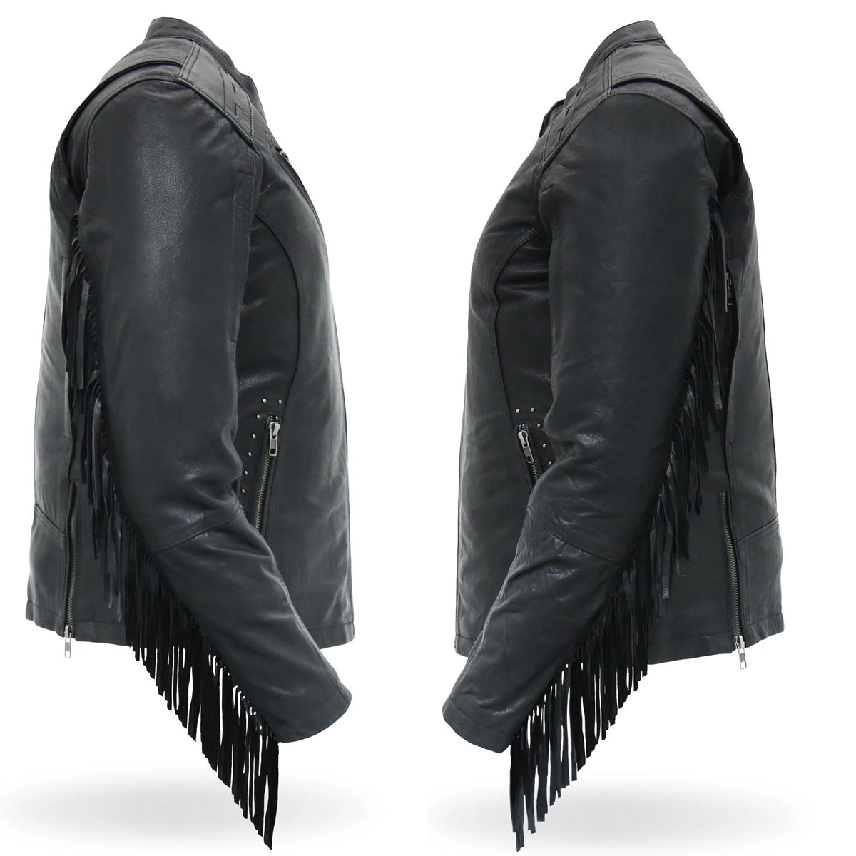 Hot Leathers Ladies Silver Fringe Black Leather Motorcycle Jacket - JKL1028