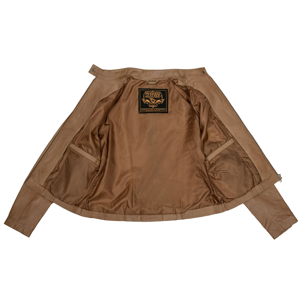 Milwaukee Leather LKL2736 Women's Cognac Premium Leather Scuba Style Biker Jacket w/ Mandarin Collar