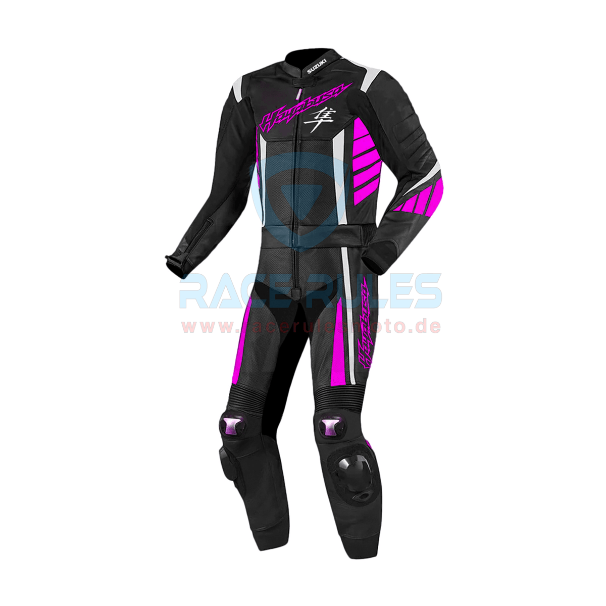 Suzuki Hayabusa Pink Leather Motorbike Racing Suit for Men & Women