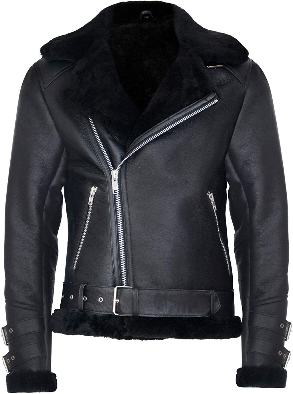 Men's Retro RAF B3 Pilot Real Sheepskin Shearling Biker Leather Jacket