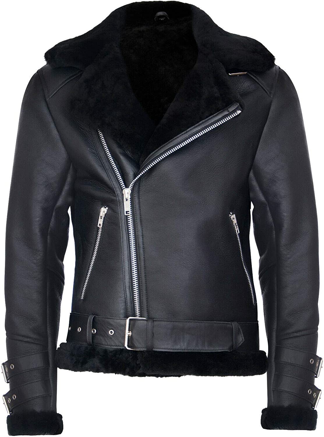 Men's Retro RAF B3 Pilot Real Sheepskin Shearling Biker Leather Jacket