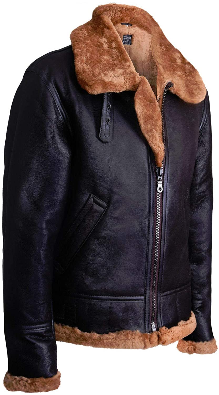 Men's Aviator Ginger Brown B3 Real Shearling Sheepskin Leather Bomber Flying Jacket